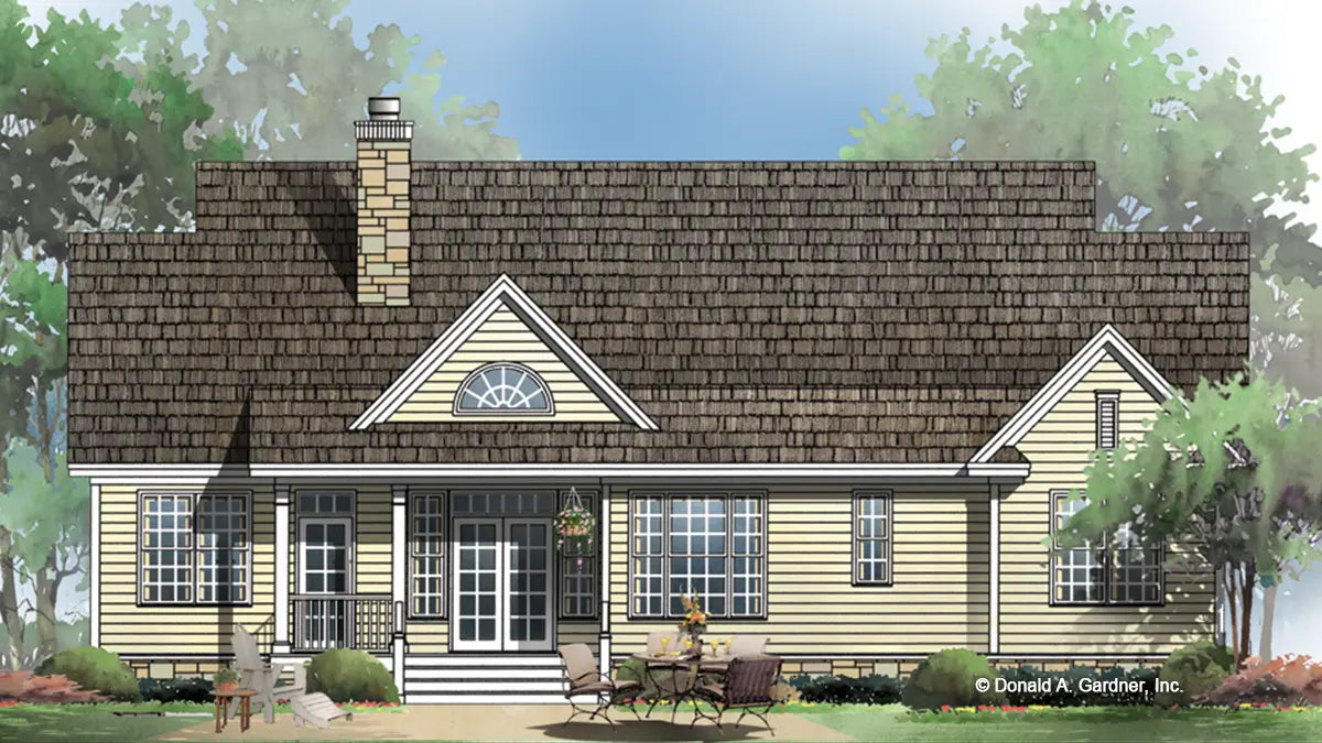 This is an illustration of the rear of three bedroom house plan 941 The Galveston