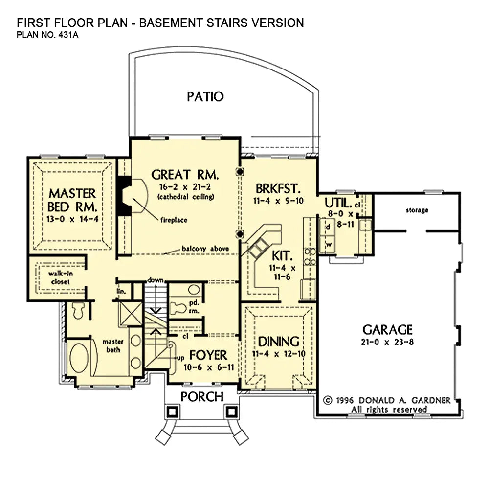 This is the first floor plan image for two story house plan 431 The Gasden if the home is built over a basement