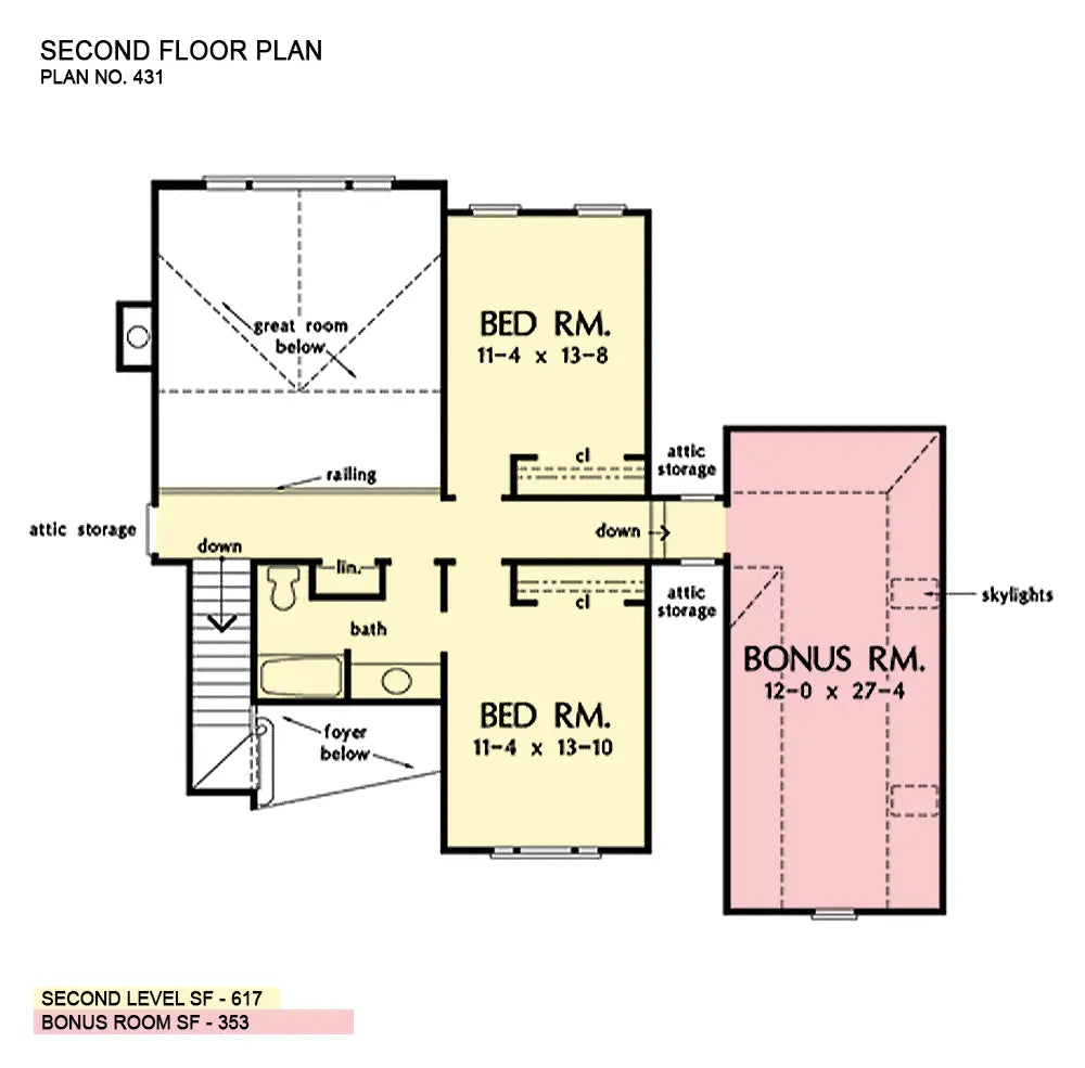 This is the second floor plan image for three bedroom house plan 431 The Gasden