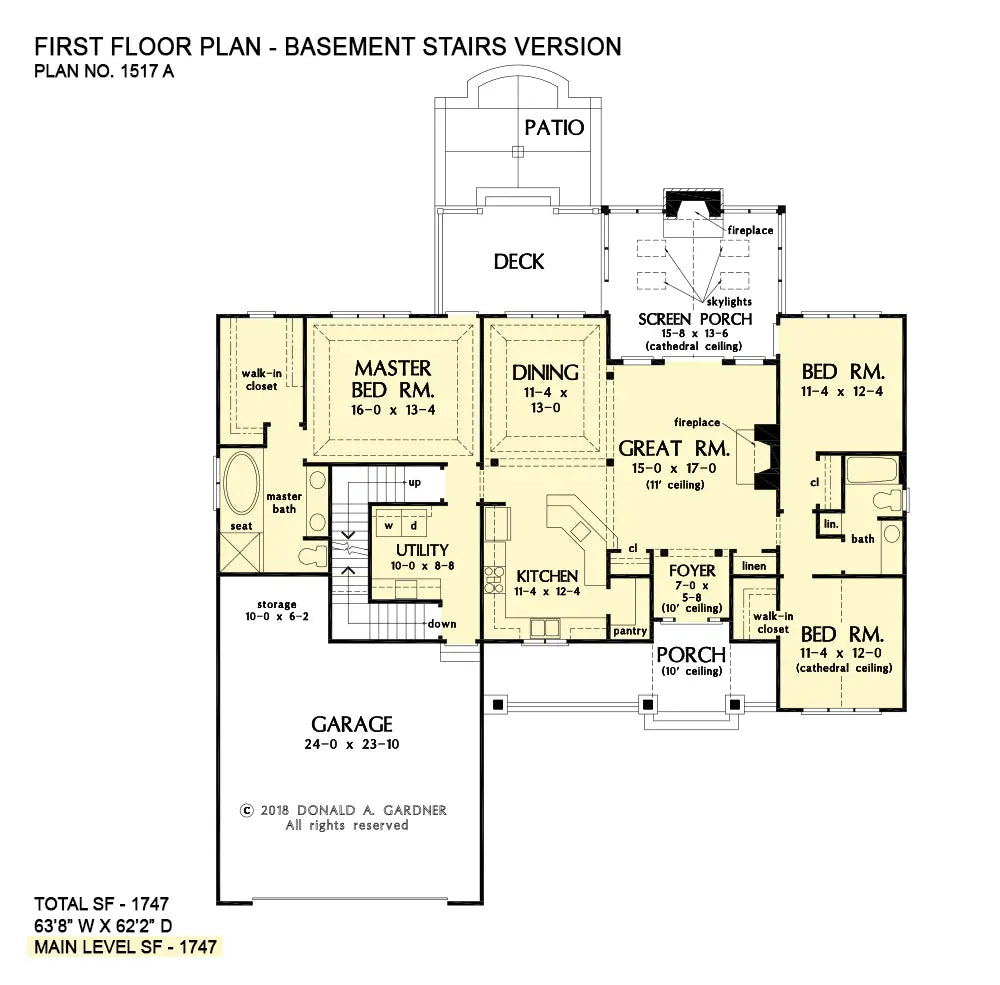 This is the first floor plan image for one story house plan 1517 The Gavin if the home is built over a basement