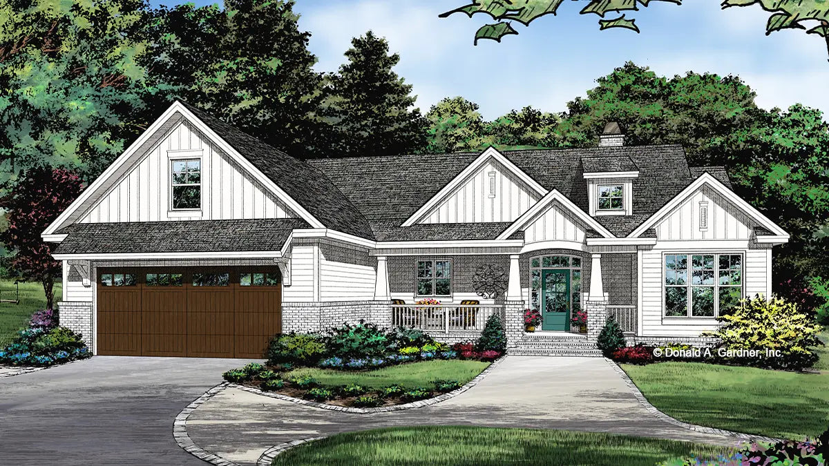 This is an illustration of the front of modern farmhouse house plan 1517 The Gavin