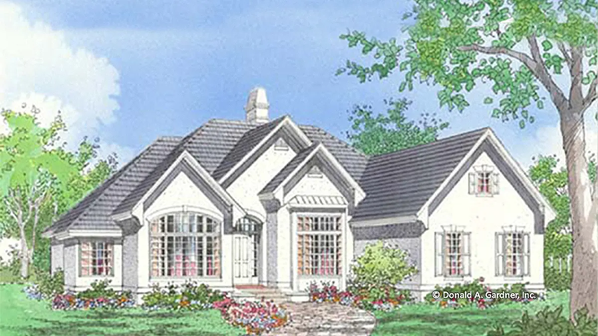 This is an illustration of the front of three bedroom house plan 387 The Gaylord 