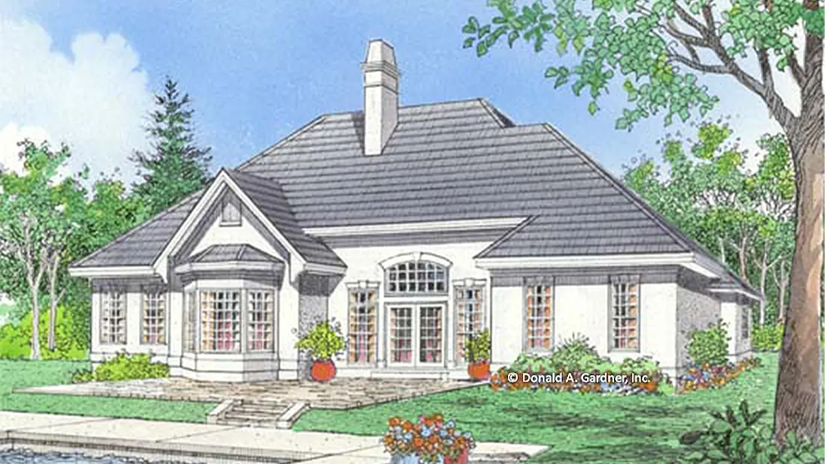 This is an illustration of the rear of traditional house plan 387 The Gaylord