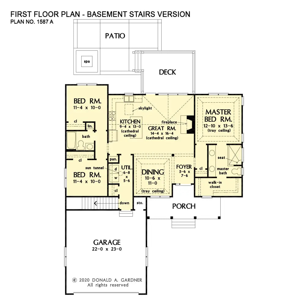 This is the first floor plan image for small house plan 1587 The Gemma if the home is built over a basement