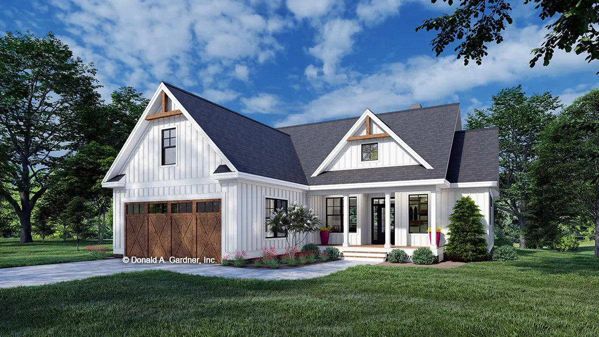 This is an illustration of the front of modern farmhouse house plan 1587 The Gemma