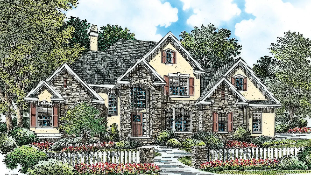 This is an illustration of the front of two story house plan 1121 The Genevieve 