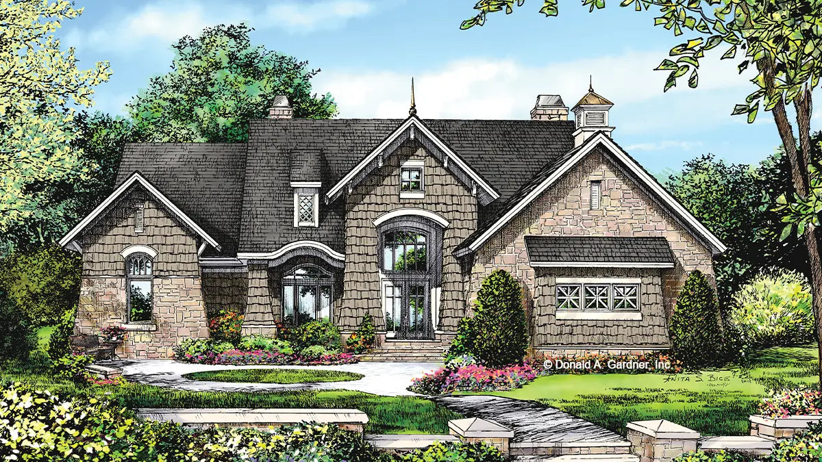 This is an illustration of the front of mountain house plan 1191 The Genova