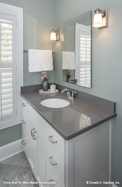 Single sink vanity in the bathroom. The Gentry plan 977.