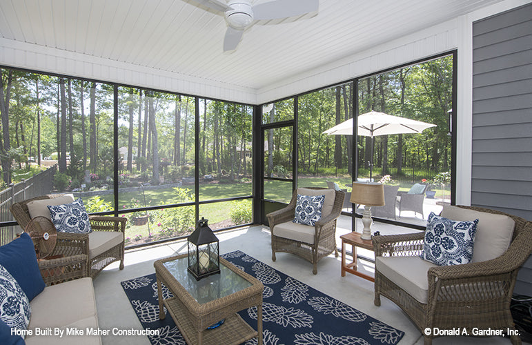 Ceiling fan in the screened in porch. The Gentry plan 977.