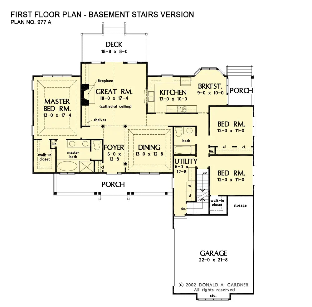 This is the first floor plan image for simple house plan 977 The Gentry if the home is built over a basement