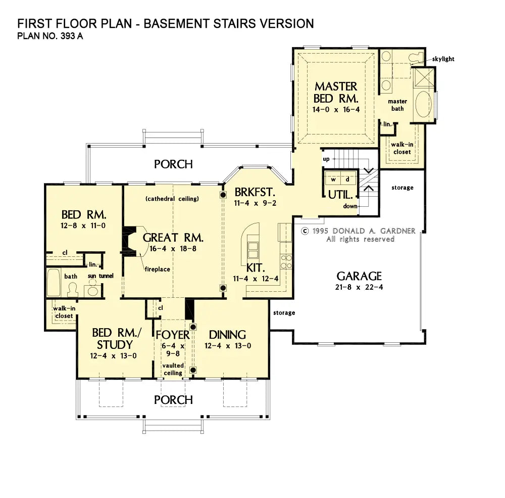 This is the first floor plan image for country house plan 393 The Georgetown if the home is built over a basement