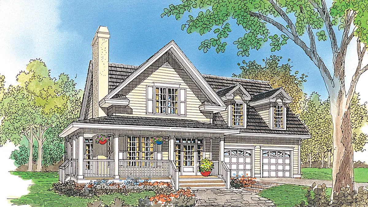 This is an illustration of the front of bungalow house plan 821 The Gibson