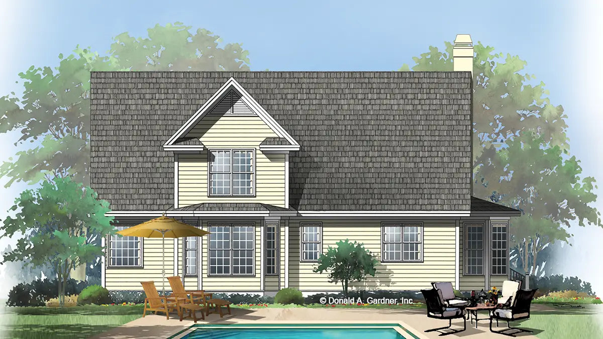 This is an illustration of the rear of narrow lot house plan 821 The Gibson