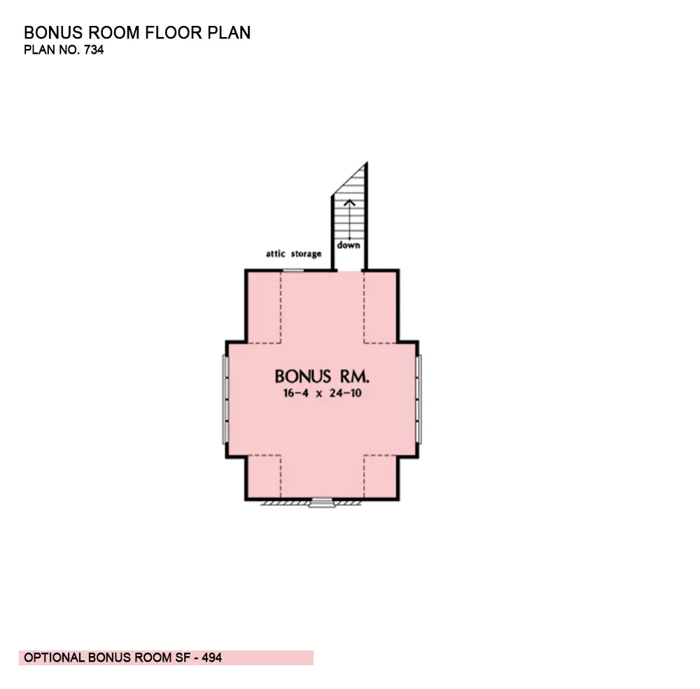 This is the bonus room floor plan image for walkout basement house plan 734 The Gilchrist