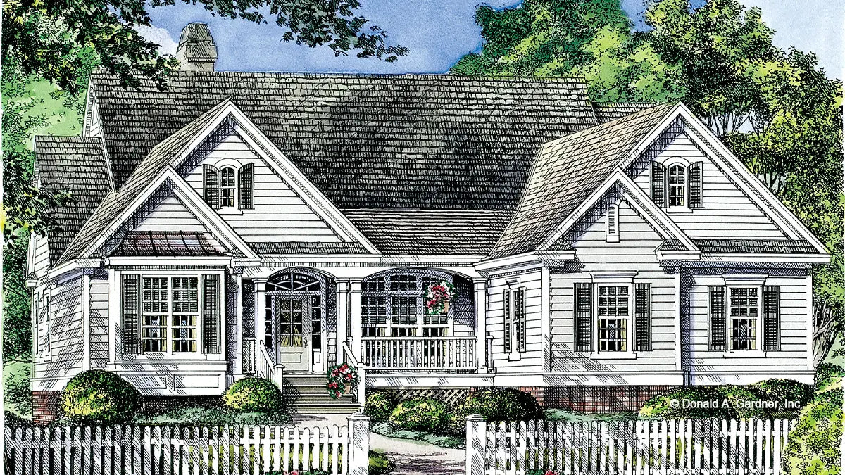 This is an illustration of the front of one story house plan 992 The Gillespie