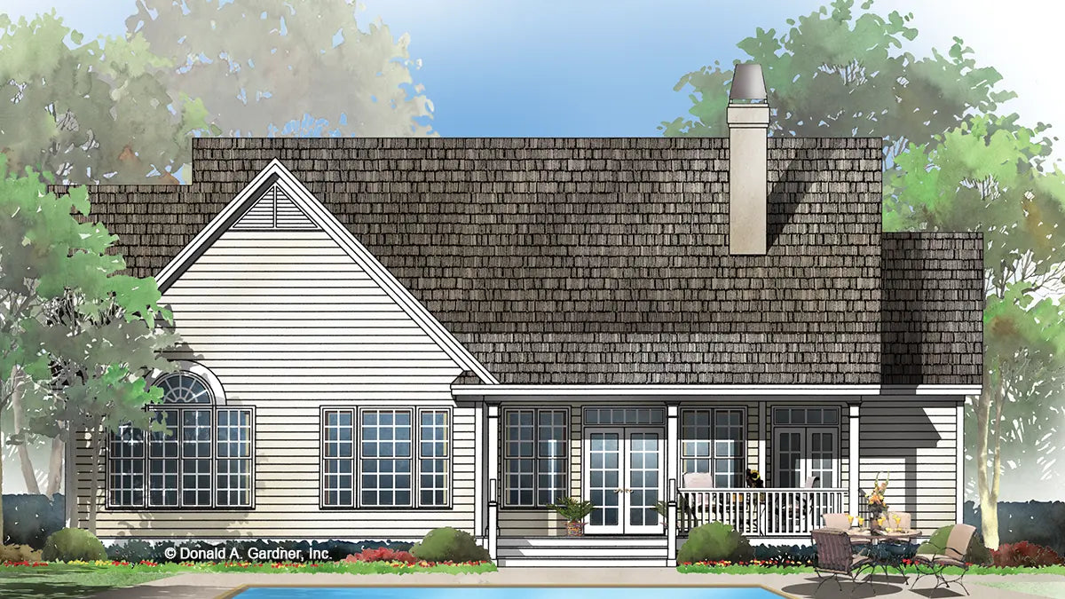 This is an illustration of the rear of cottage house plan 992 The Gillespie