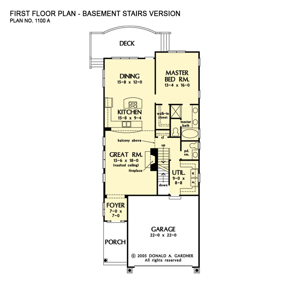 This is the first floor plan image for three bedroom house plan 1100 The Gilmore if the home is built over a basement