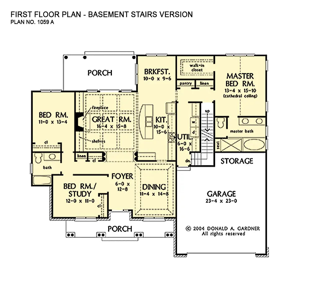 This is the first floor plan image for ranch house plan 1059 The Giovanni if the home is built over a basement