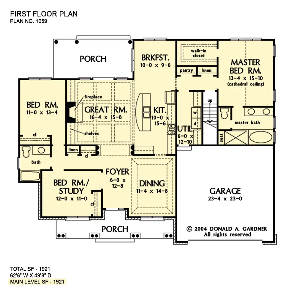 This is the first floor plan image for three bedroom house plan 1059 The Giovanni