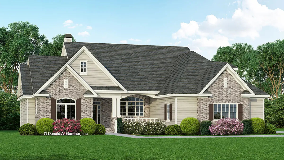 Front view illustration of a ranch home. The Gladstone plan 1308.