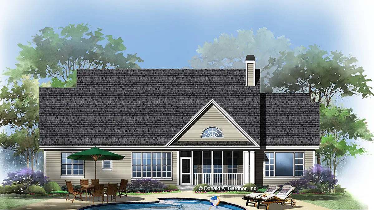 Rear view illustration of a ranch home with screened in porch. The Gladstone plan 1308.