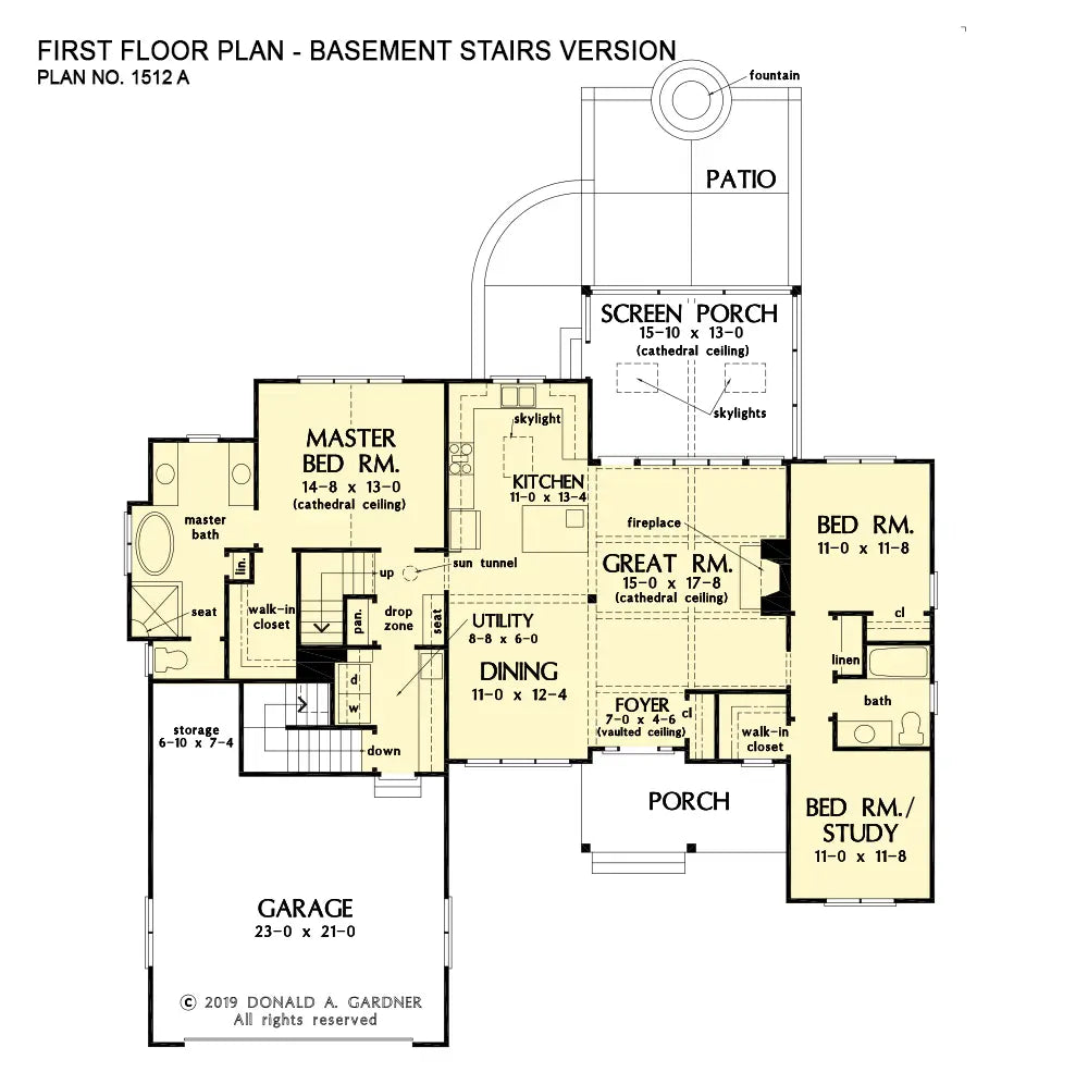 This is the first floor plan image for ranch house plan 1512 The Gleason if the home is built over a basement