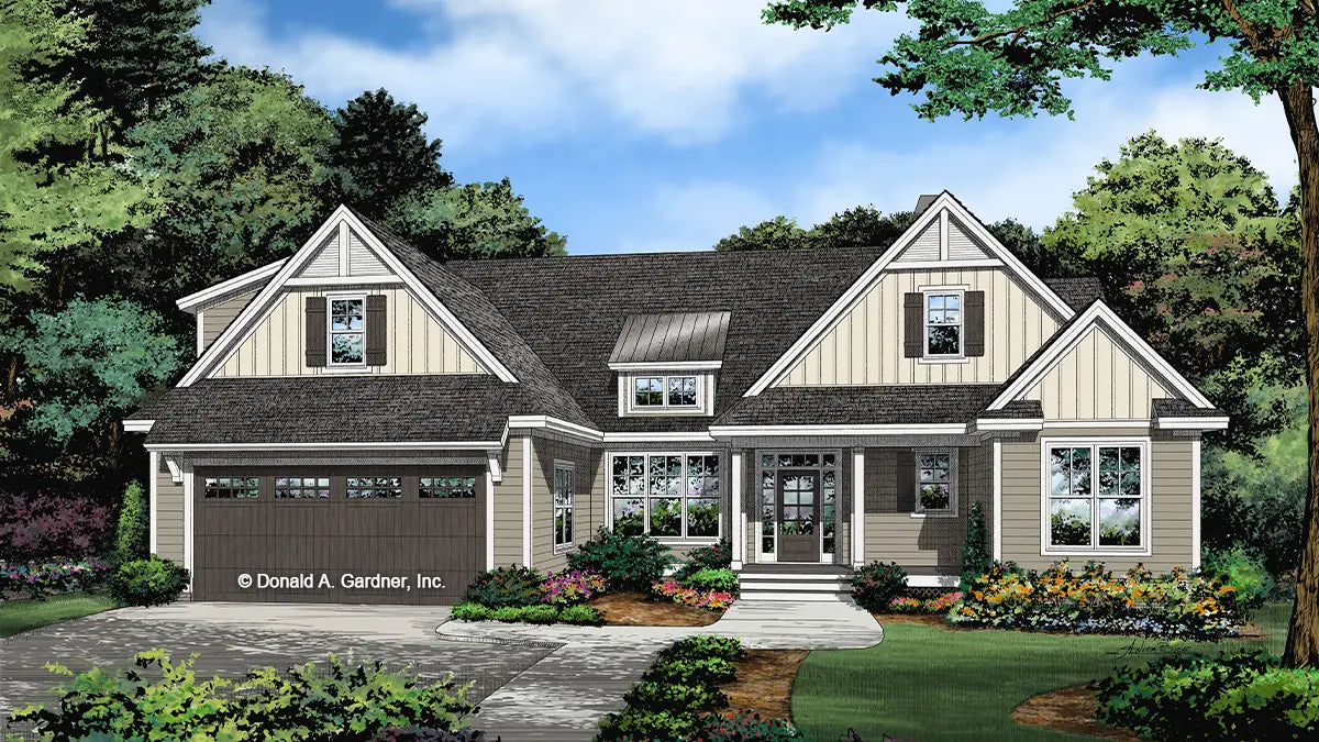 This is an illustration of the front of craftsman house plan 1512 The Gleason