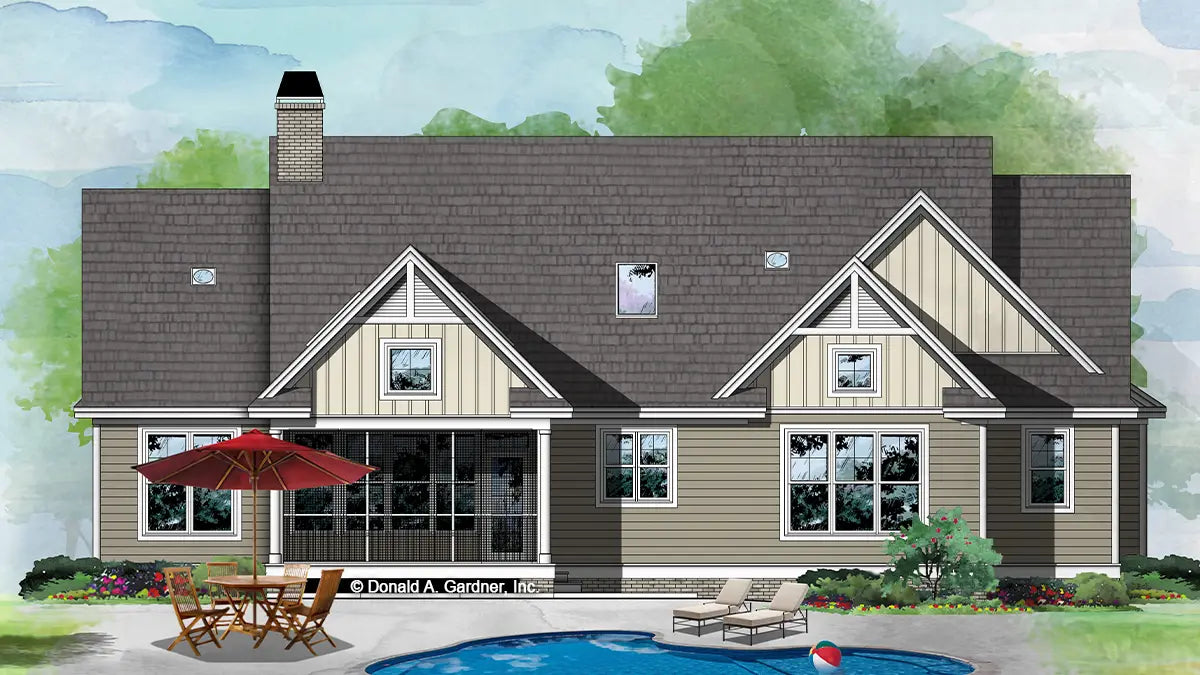 This is an illustration of the rear of ranch house plan 1512 The Gleason