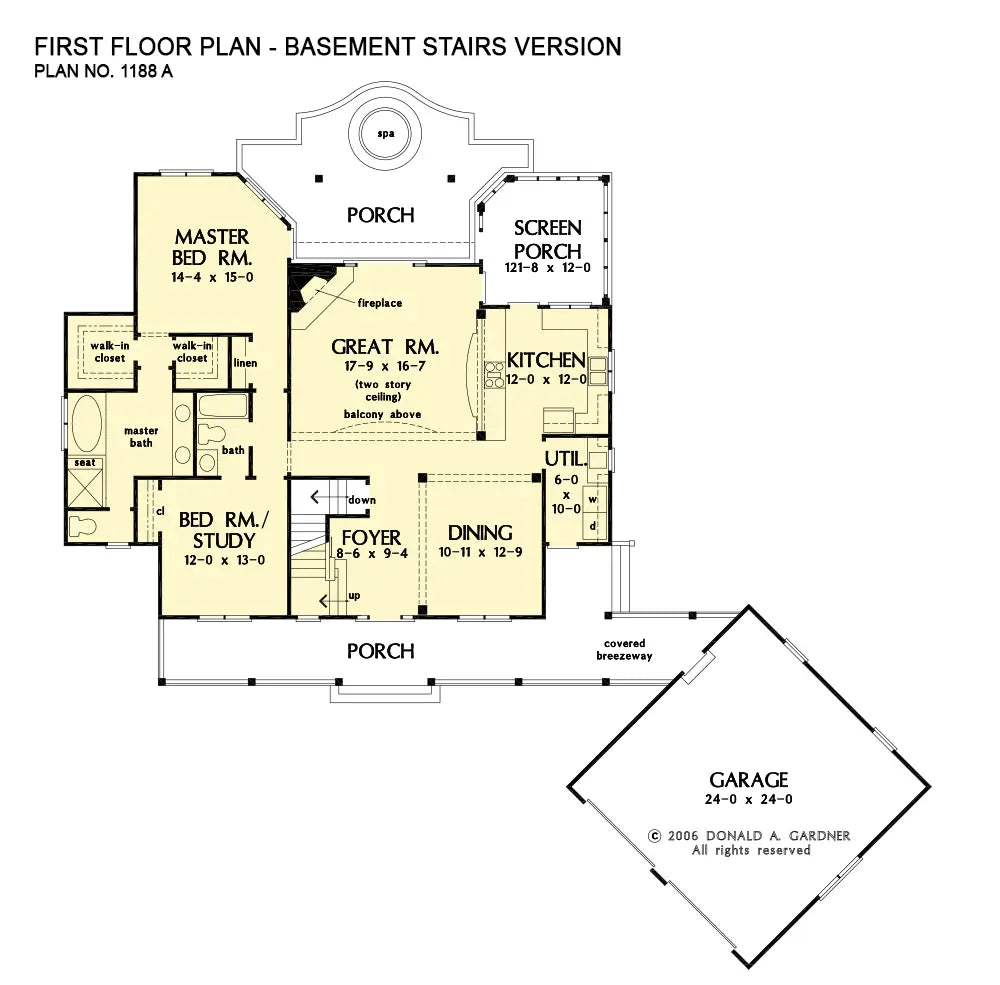 This is the first floor plan image for low country house plan 1188 The Gloucester if the home is built over a basement