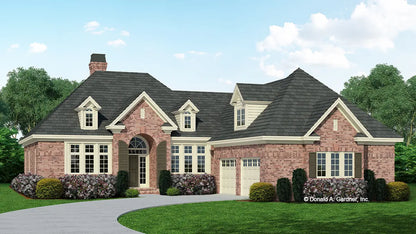 This is an illustration of the front of three bedroom house plan 1003 The Godfrey