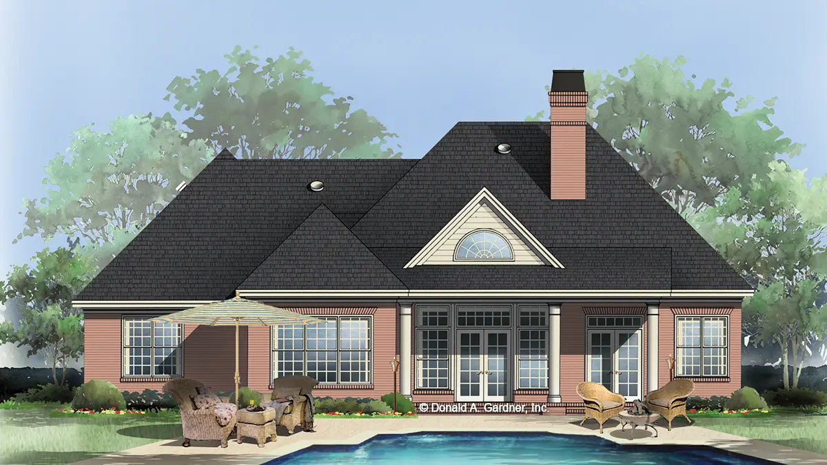 This is an illustration of the rear of brick house plan 1003 The Godfrey