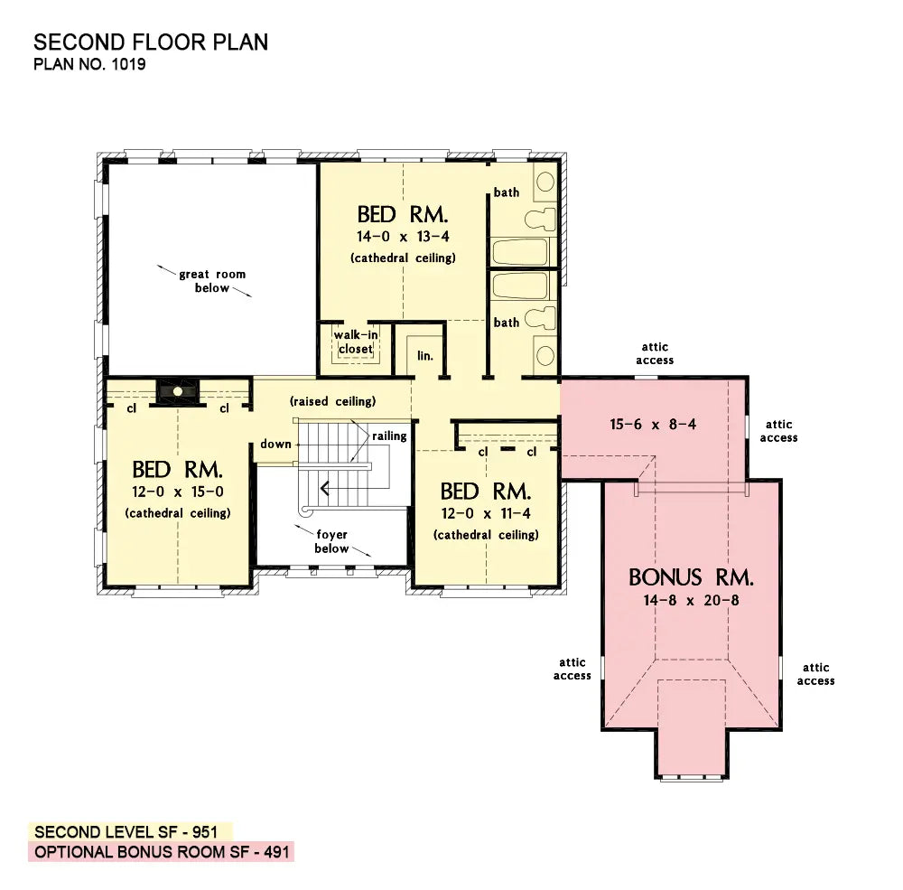 second floor design shows open area above the great room and the foyer, and the large bonus room over the garage