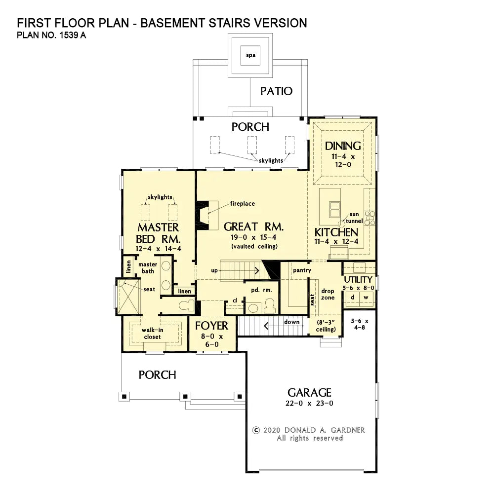 This is the first floor plan image for small house plan 1539 The Graceview if the home is built over a basement