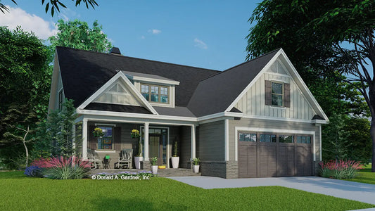 This is an illustration of the front of cottage house plan 1539 The Graceview