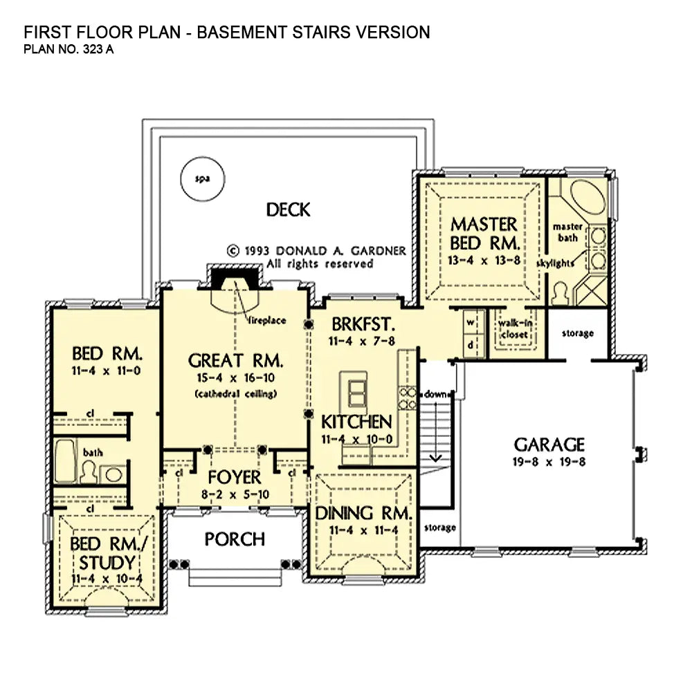 This is the first floor plan image for traditional house plan 323 The Graham if the home is built over a basement