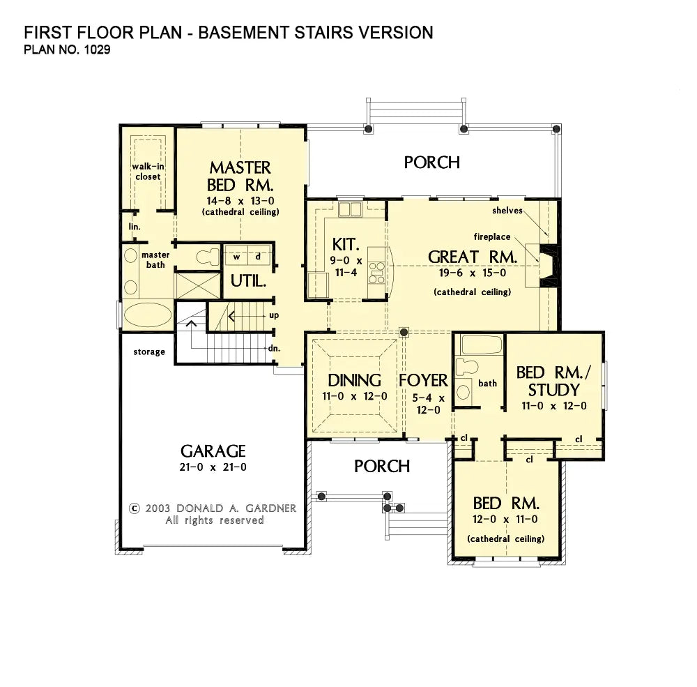 This is the first floor plan image for brick house plan 1029 The Greensboro if the home is built over a basement