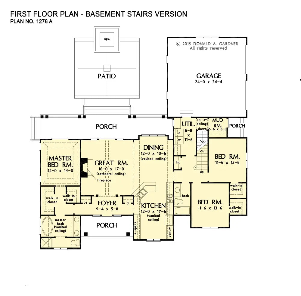 This is the first floor plan image for three bedroom house plan 1278 The Greer if the home is built over a basement