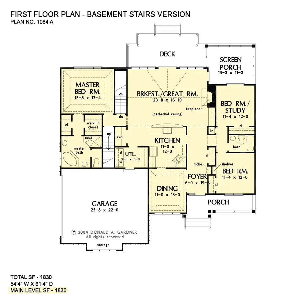 This is the first floor plan image for one story house plan 1084 The Gresham if the home is built over a basement