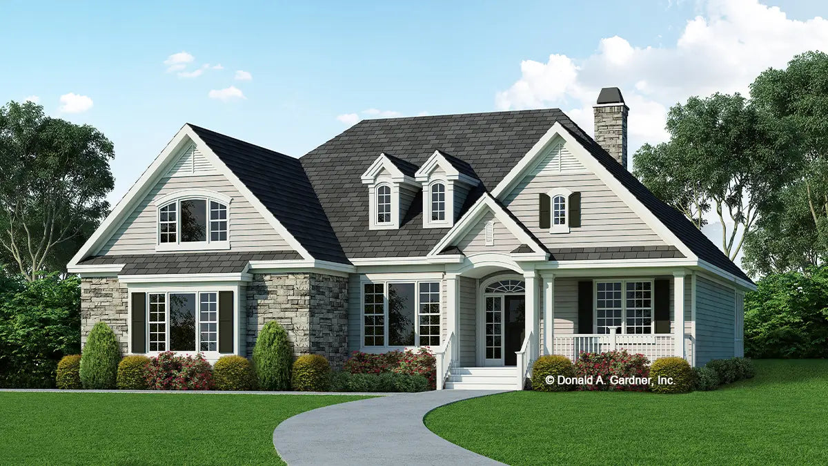 This is an illustration of the front of traditional house plan 1084 The Gresham