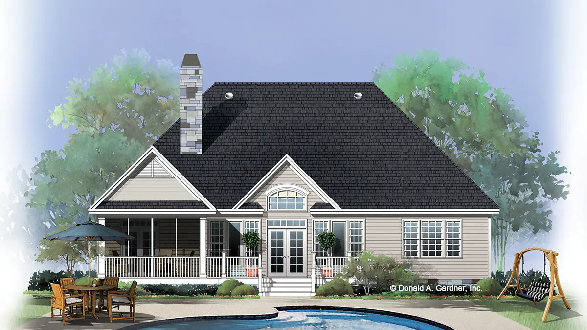 This is an illustration of the rear of one story house plan 1084 The Gresham