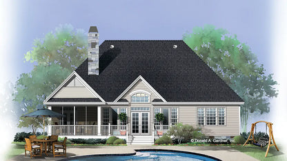 This is an illustration of the rear of one story house plan 1084 The Gresham