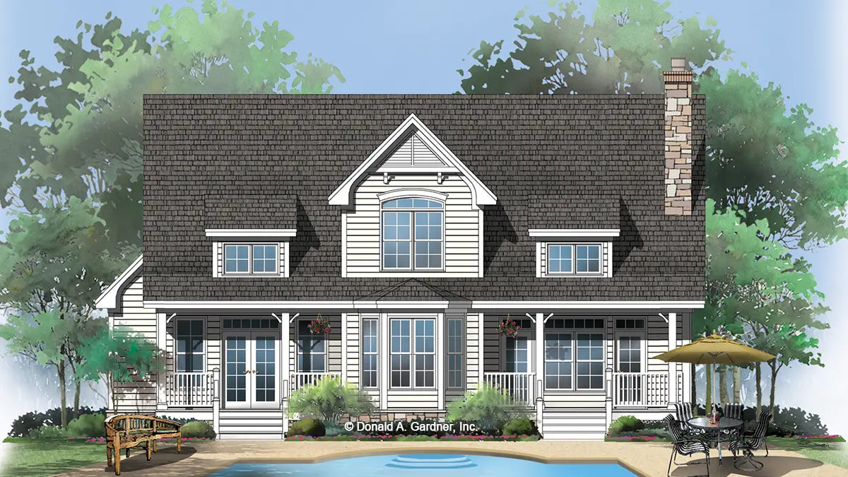 This is an illustration of the rear of three bedroom house plan 919 The Greystone