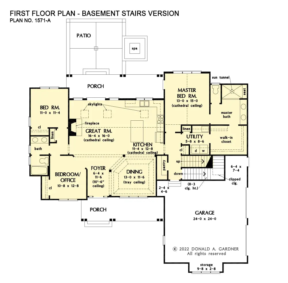 This is the first floor plan image for simple house plan 1571 The Grindelwald if the home is built over a basement