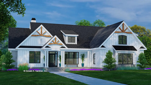 This is an illustration of the front of modern farmhouse house plan 1571 The Grindelwald