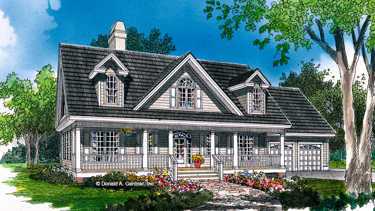 This is an illustration of the front of three bedroom house plan 723 The Groveland