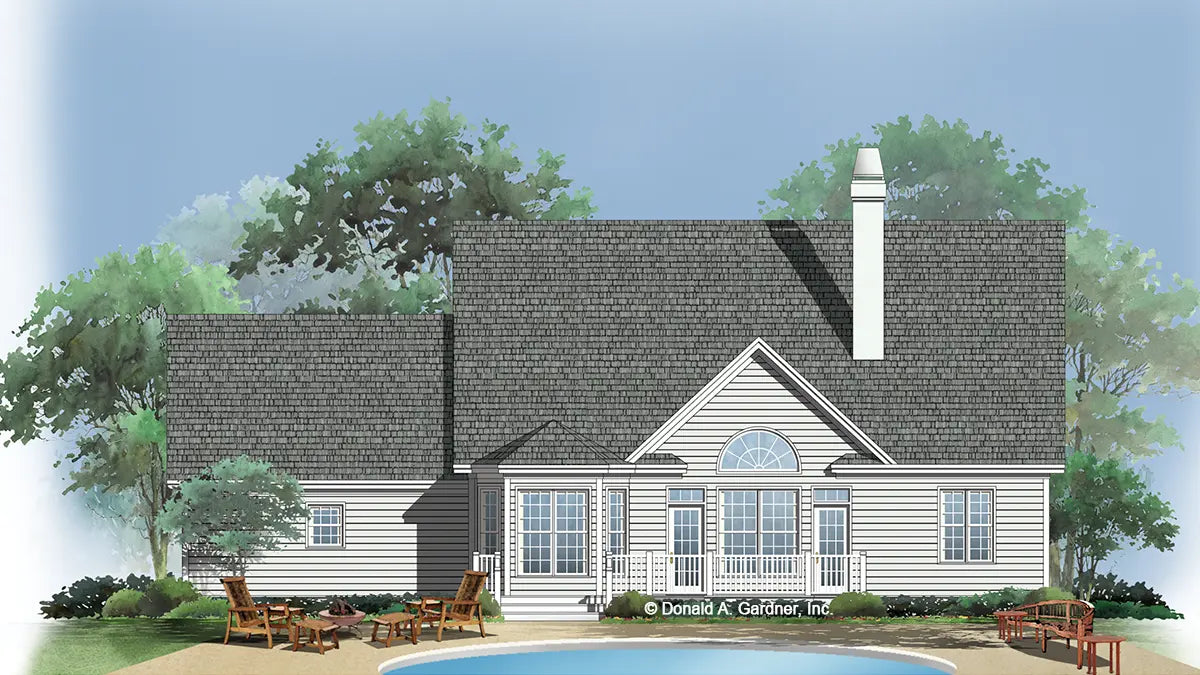 This is an illustration of the rear of country house plan 723 The Groveland