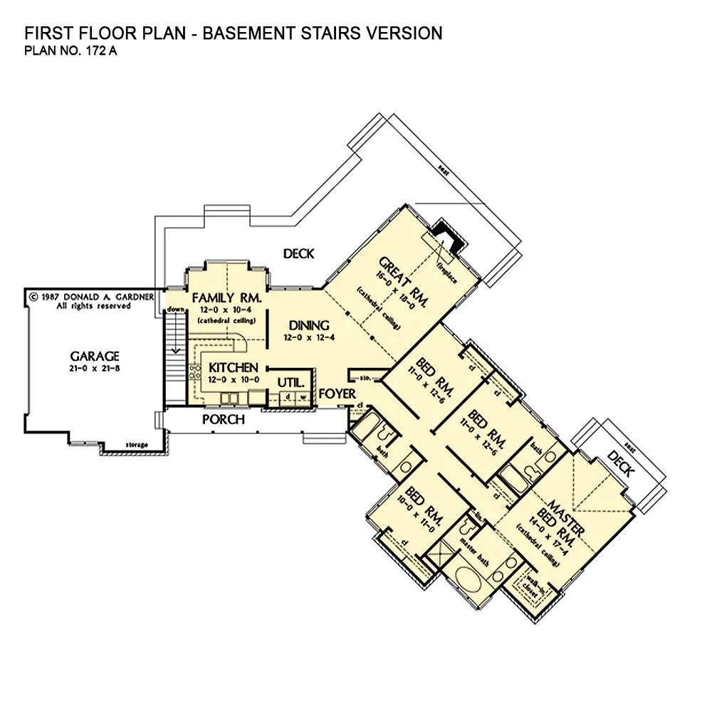 This is the first floor plan image for ranch house plan 172 The Guilford II if the home is built over a basement