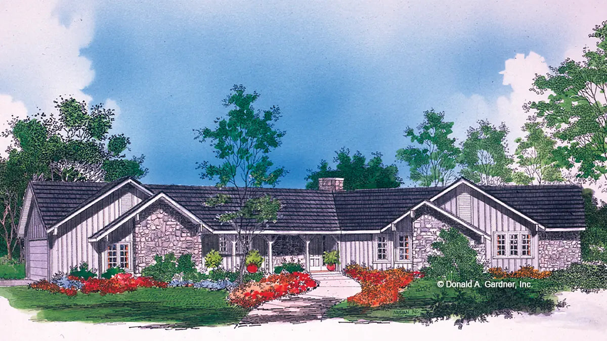 This is an illustration of the front of contemporary house plan 172 The Guilford II