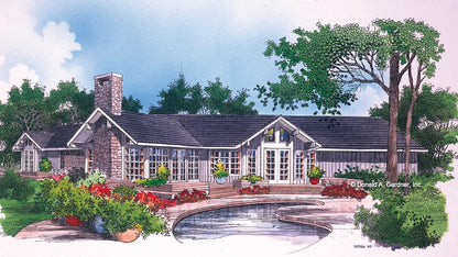 This is an illustration of the rear of ranch house plan 172 The Guilford II