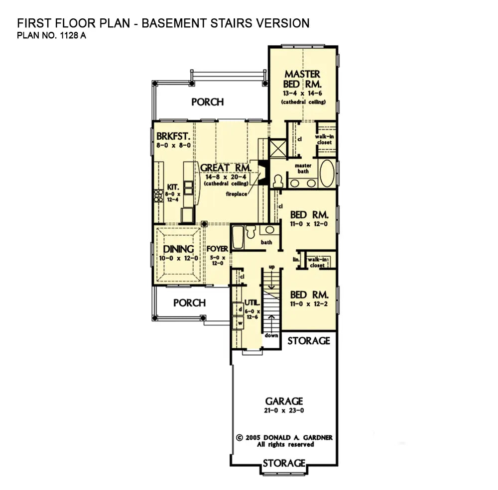 This is the first floor plan image for small house plan 1128 The Guthrie if the home is built over a basement